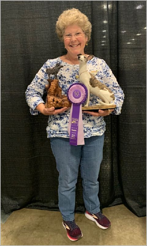 Dana Nishimura with her needle-felted greyhound, winner of the Best Quality of Felting entry. Photo: Kristi Gustafson.